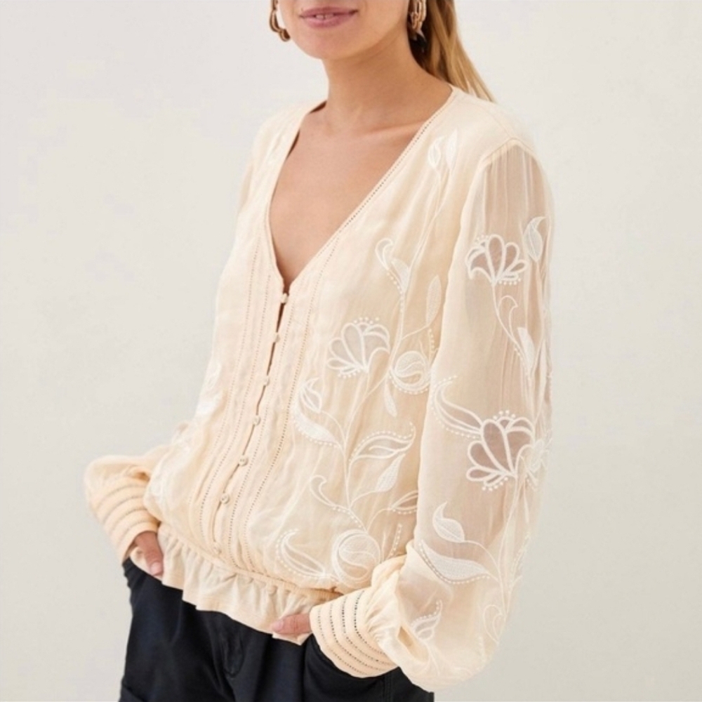 Anthropologie Bohme Embroidered Floral Button Down Sheer Sleeves Small Boho - Picture 2 of 8